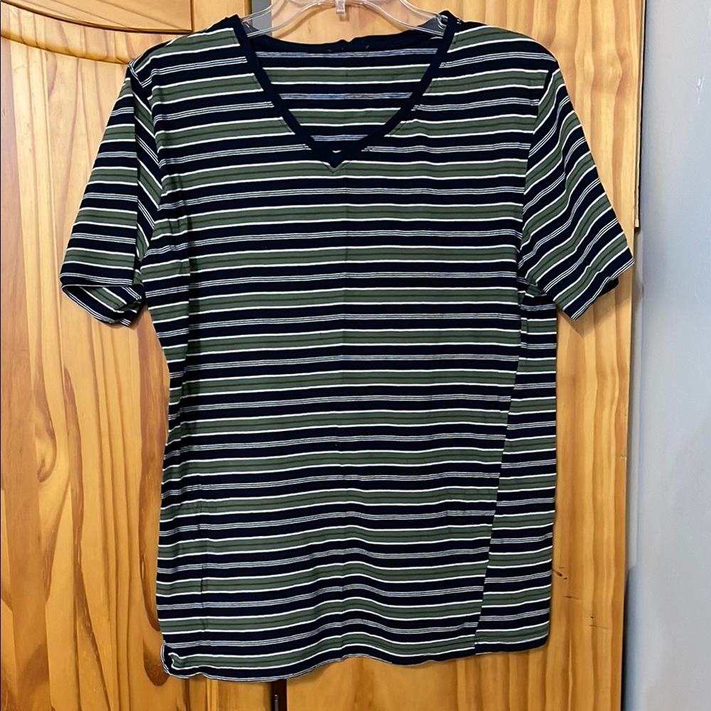 ROYAL CLASS PAJAMA SHIRT MENS M NAVY & GREEN STRIPED TEE 100% COTTON TOP CASUAL